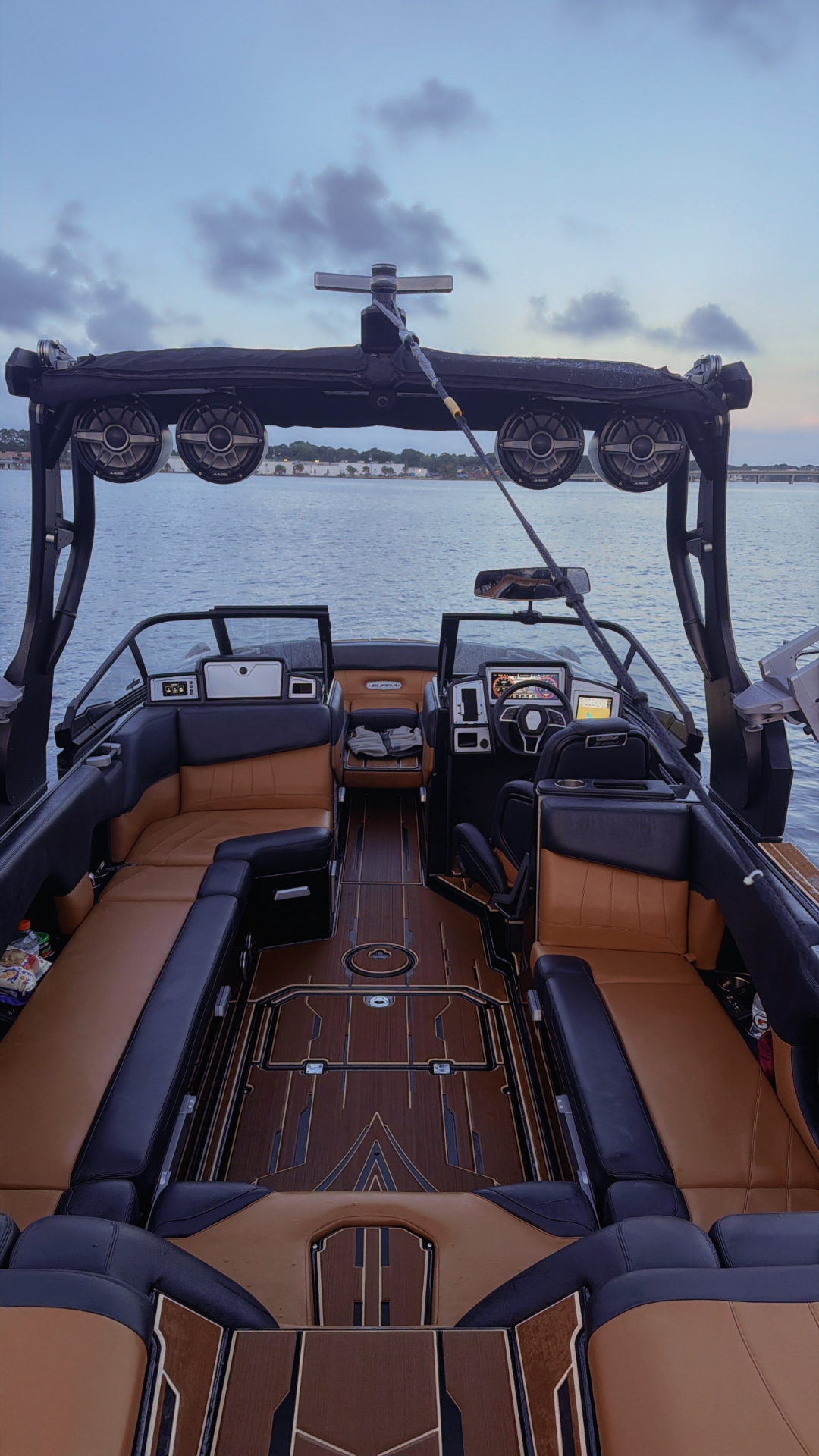 Wide look at the premium Supra interior and wake tower setup